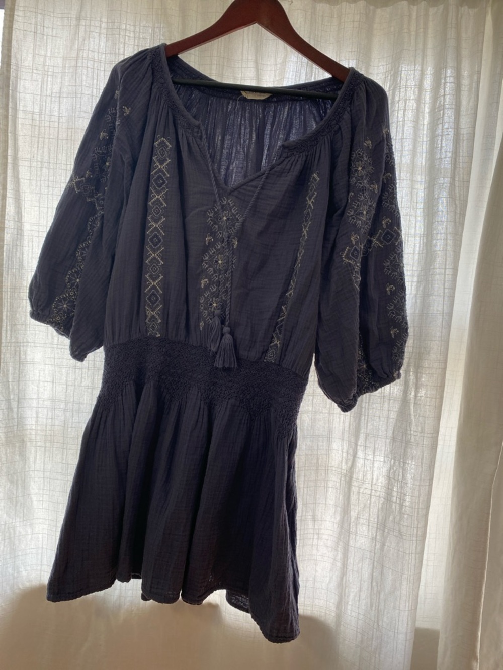Lucky Brand Navy Blue Embroidered Mini Dress boho M cotton